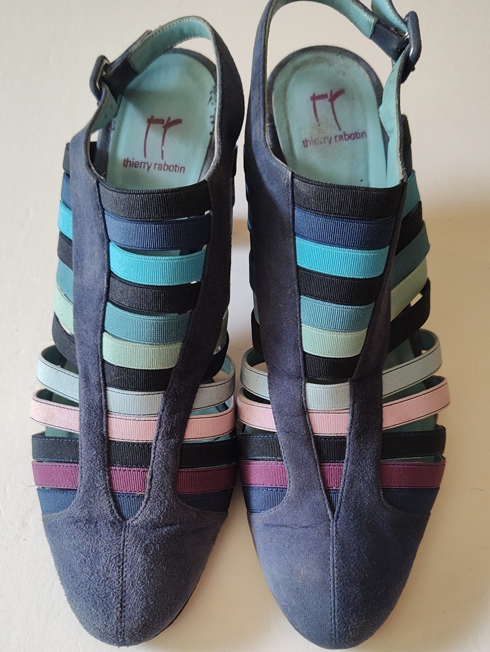 THIERRY RABOTIN Navy Suede Multicolor  Stripe Slingback Heels Size 39.5 US 9.5